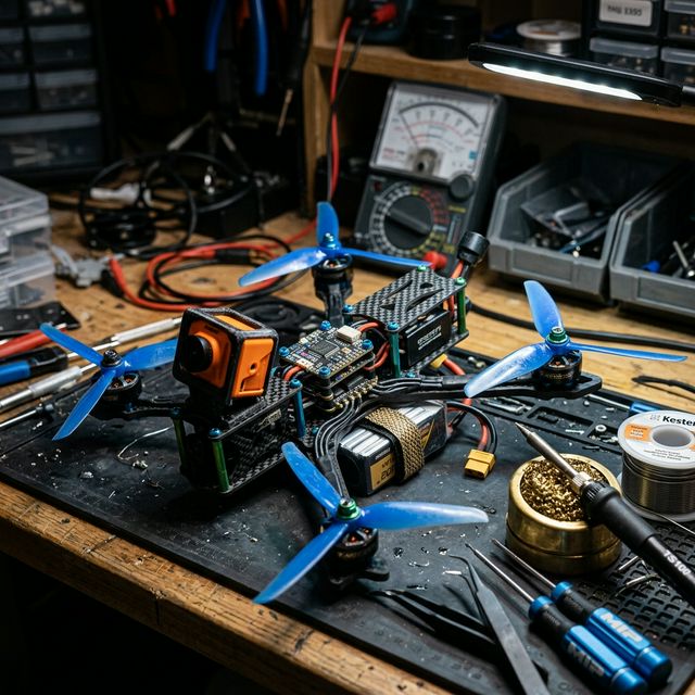 Close-up of a custom-built FPV racing drone