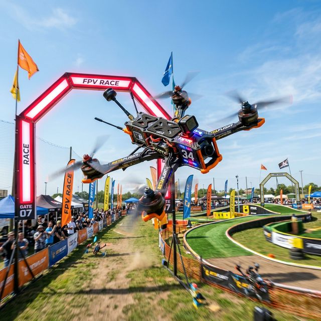 FPV racing drone in mid-flight over obstacle course