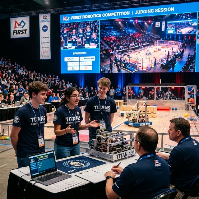 Team presenting robot at international competition