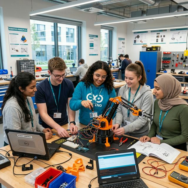 Robotics workshop with students assembling robot arms