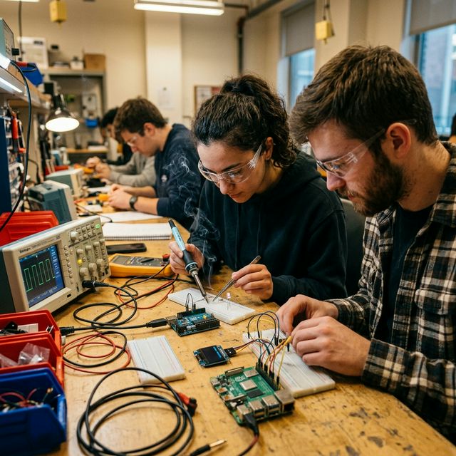 Students in STEM lab working with microcontrollers